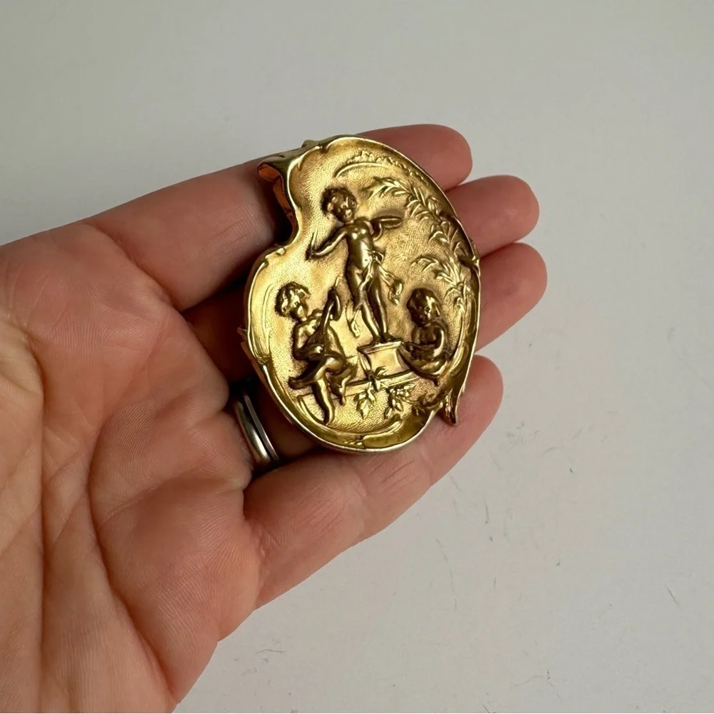 Vintage Cherub Brooch Art Nouveau Style Gold Plated Angel Pin Estate‎ Piece